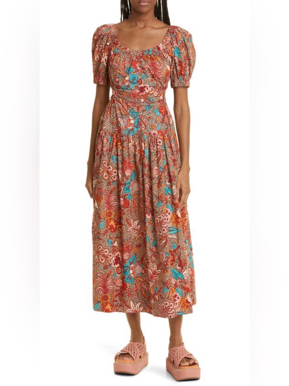 Ulla Johnson Midi Dress Golda Red Floral Dress In Primrose 100% Cotton size 8